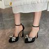 Summer Pointed Waterproof Platform Satin Surface Rhinestone Pearl Bow Banquet Fine High Heeled Shoes Women's Sandals