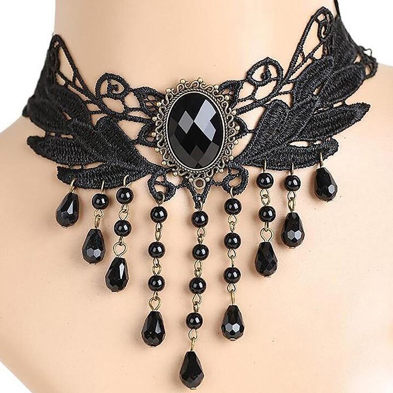 Gothic Black Lace Necklace For Women Girl Boho  Pearl Sexy Lace Choker Punk Dark Lolita Style Halloween Jewelry