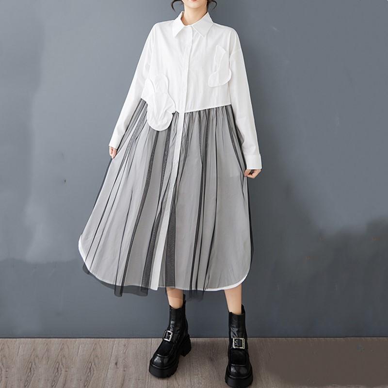 Long Sleeve Plus Size Cotton Mesh Vintage New In Dresses for Women Casual Loose Spring Autumn Shirt Dress