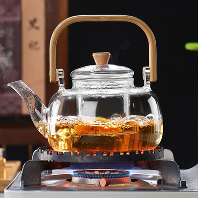 Heat-Resistant Boiling Glass Teapot Thickened Bamboo Handle Household Tea Set Bamboo Handle Teapot Health Pot