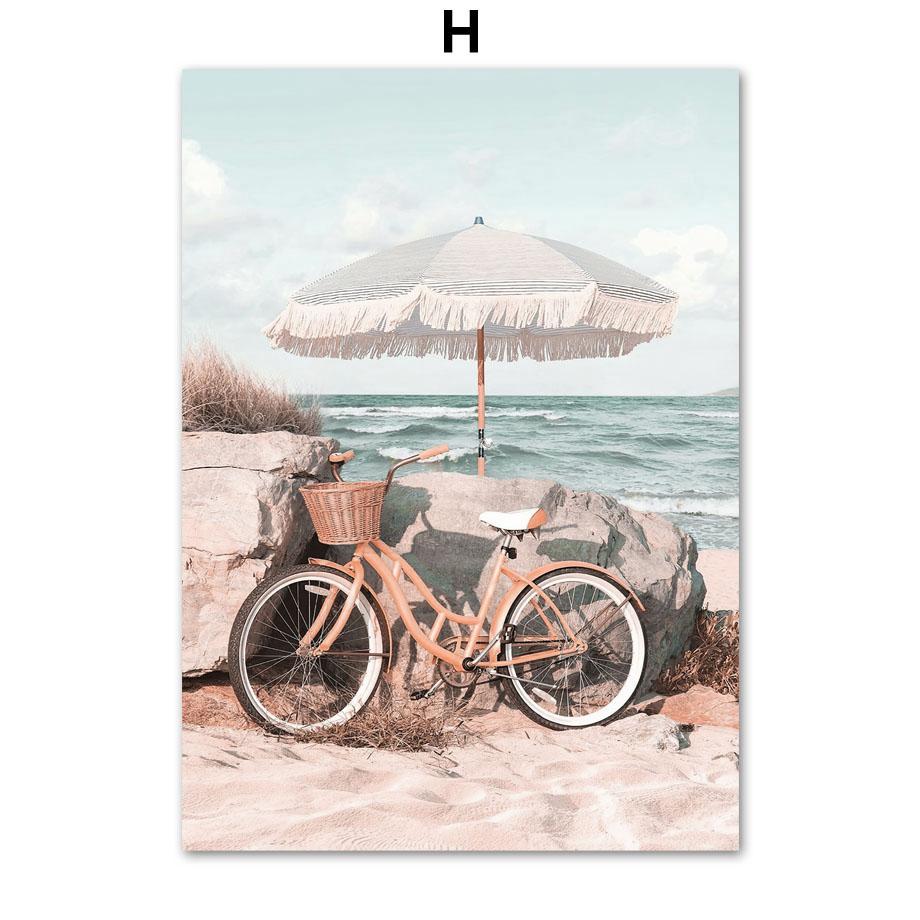 Винтажный автомобиль, велосипед, океан, пляж, пальма, доска для серфинга, настенная живопись на холсте, постеры и принты, настенные панно для декора гостиной
