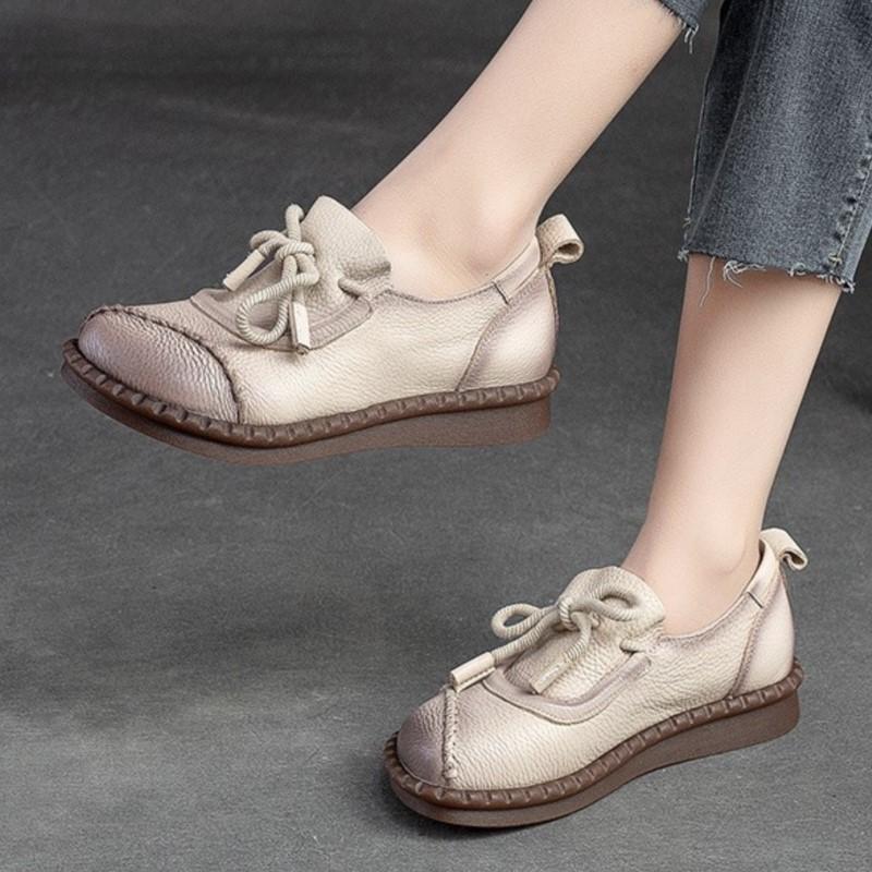 Women Flats Shoes Spring Round Toe Lace-up Genuine Leather Casual Loafers Handmade Comfortable Shoes
