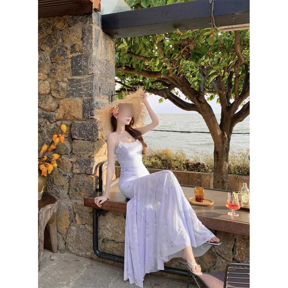 Пляжный отдых облегающее длинное платье Французская Spice Girl Дофаминовый наряд Синее кружево вставками Принтованная сетка Юбка на бретелях