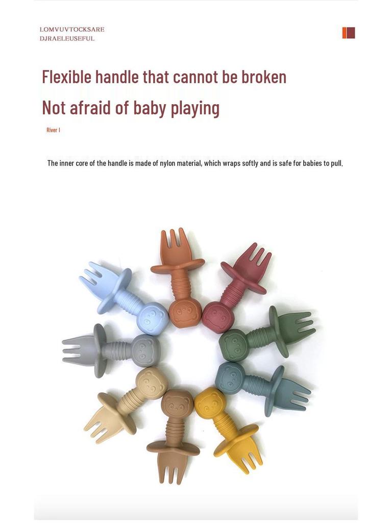 Cartoon Little Bear Silicone Fork and Spoon Set for Children's Eating Training