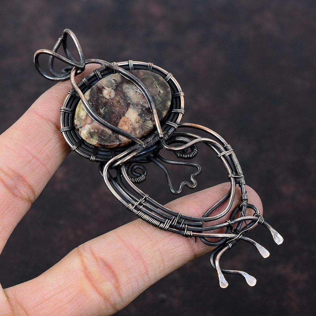Пейзажная Яшма Медный Кулон Кулон, Оплетенный Проволокой Ручной Работы Медные Украшения Оригинальный Кулон с Драгоценным Камнем Уникальные Украшения из Проволоки Подарок для Нее