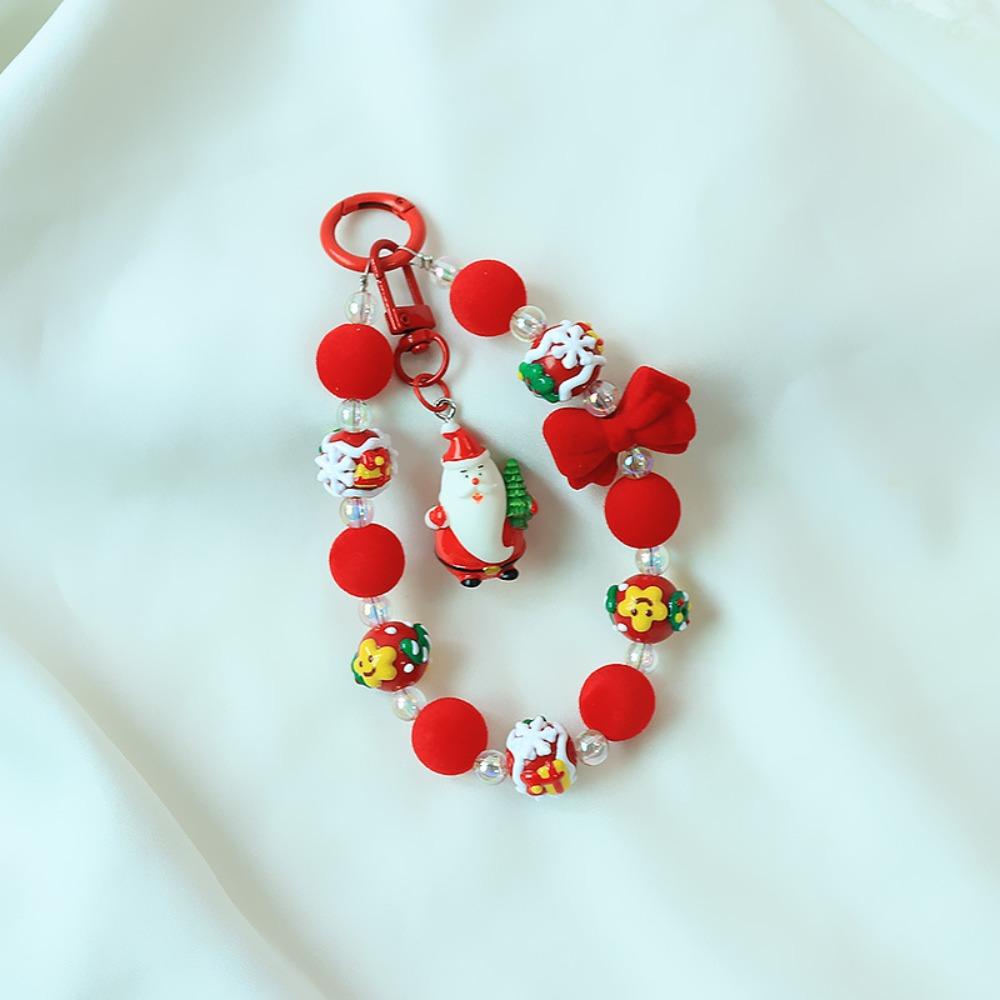 Santa Claus Plush Beads Keychain Flocked Bowknot Beaded Cell Phone Lanyard  Unisex