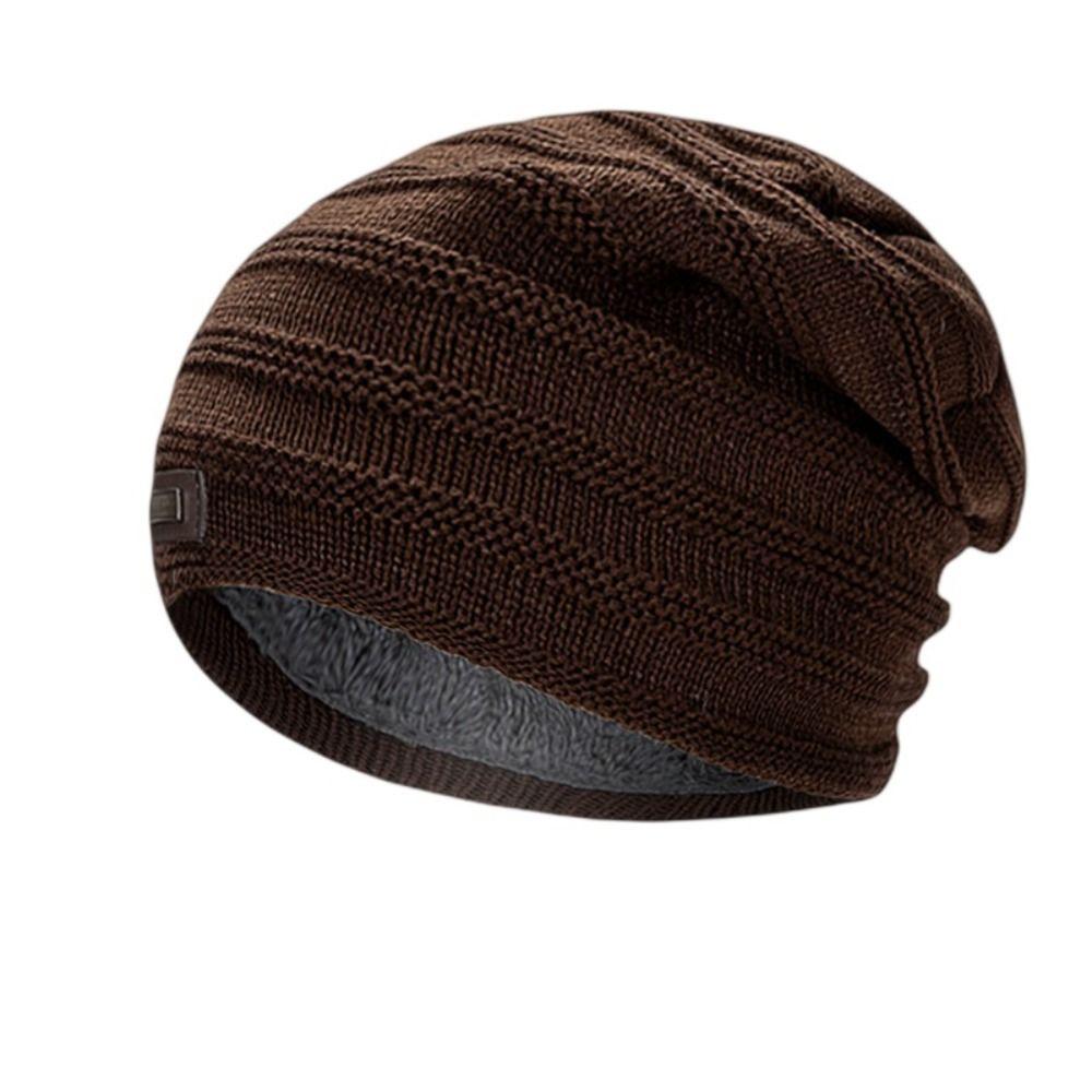 With Tag Fashion Fleece Lined Men's Winter Hat Warm Polyester Knitted Cap Striped Plain Beanies Male