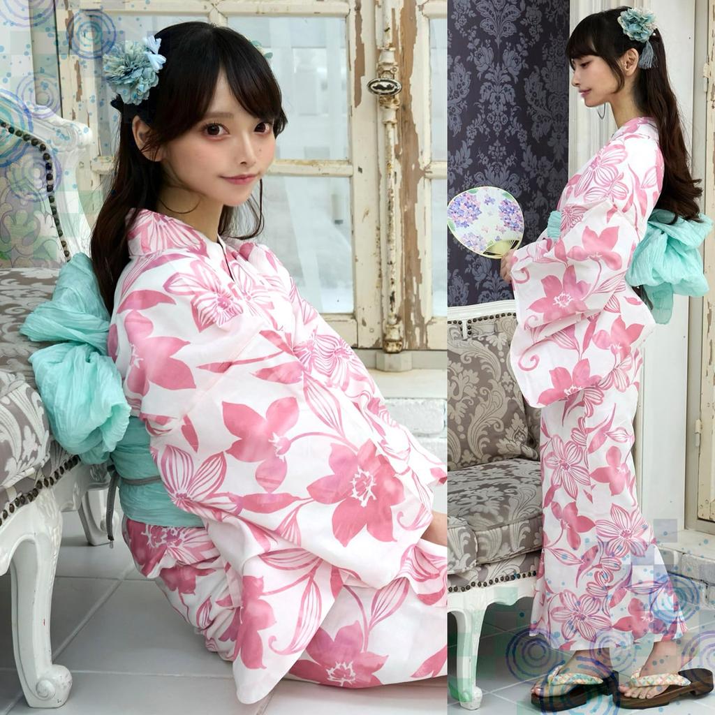 RAVIR Yukata Refreshing White Background with Watercolor and Soft Pink Floral Includes a Fluffy Obi Belt and One Size Fits All Women's 3-Piece Set