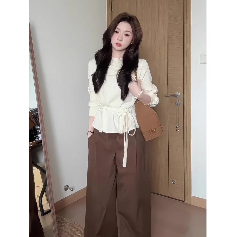 Original Fabric Asymmetrical Draped Collar Long Sleeve Women's Shirt with Diagonal Placket & Tie Waist in Apricot