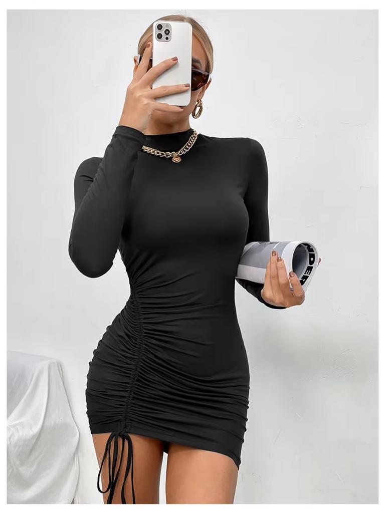 Сексуальное облегающее мини-платье, закрывающее бедра, женская мода, платья с круглым вырезом и длинными рукавами для женщин, элегантное, приталенное, со складками, на шнуровке, жилет, vestidos