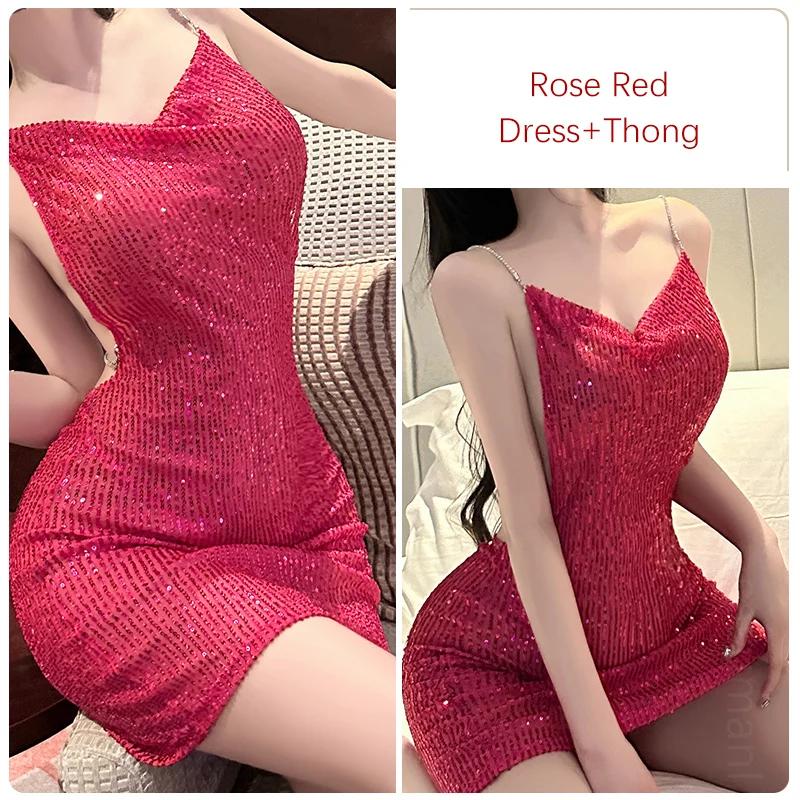 Womens Pajamas Hot Lingerie Sequin Design Backless Super Sexy Mini Club Nightgown Women