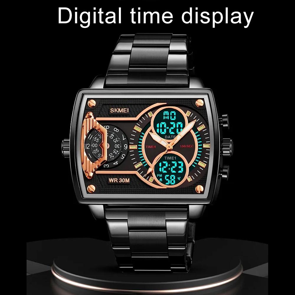 Golden Big Dial Three Time Men Wrist Watches Stainless Steel Men Sports Digital Military Quartz Watch Luminous Male Clock