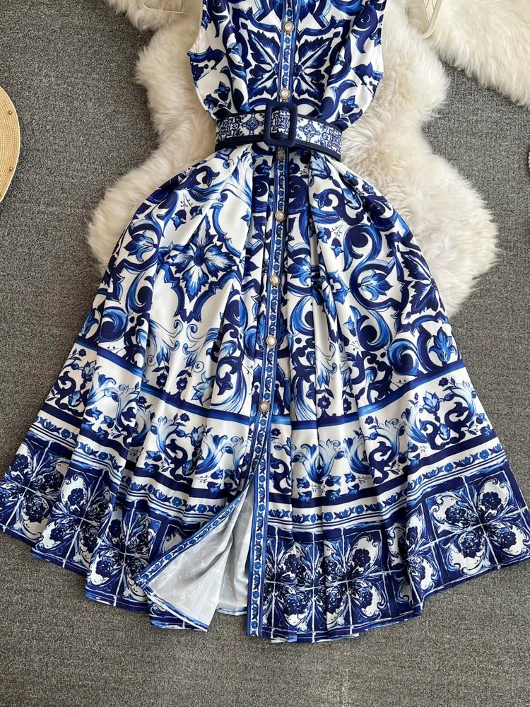 Summer Women Lapel Single Breasted Brand Designer Vintage Print Sleeveless Tank Runway Party Dresses with Belt