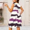 Women Plus Size Round Neck Sleeveless Black White Geometric Printed Gathered Waist A Line Midi Dress