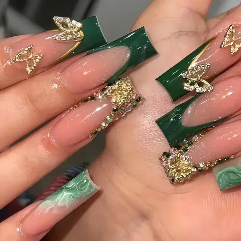 24Pcs Green French Fake Nails With Diamond Gold Butterfly Elegant Long Square Acrylic Artificial Press On Nails
