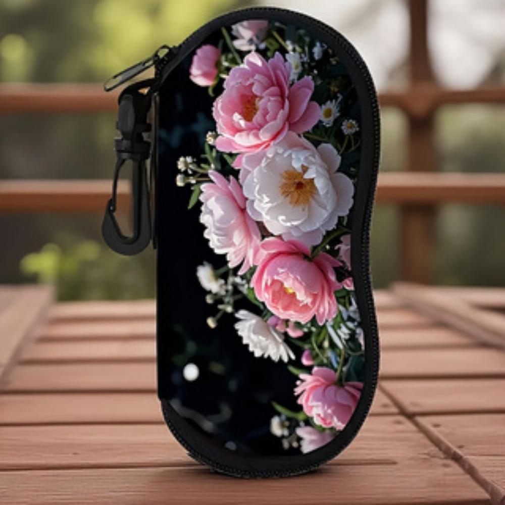 Portable Floral Sunglasses Case with Carabiner Ultra Light Waterproof Eyeglass Pouch Zipper Glasses Organizer for Women Men