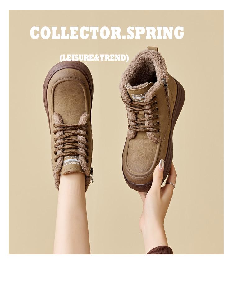 Женские нескользящие ботинки из овчины для снега осень/зима 2024 года: Теплые, толстые бархатные, ретро-хлопковые, короткие меховые сапоги на толстой подошве
