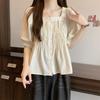 Gentle French Style Square Collar Blouse Solid Color Basic Summer Elegant Puff Sleeve Fashion Folds Shirts