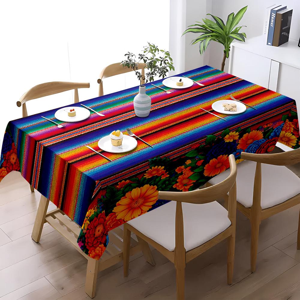Mexican Striped Floral Day of The Dead Tablecloth for Table Decor Mexico Rainbow Marigold Kitchen Dining Table Cloth Party Decor
