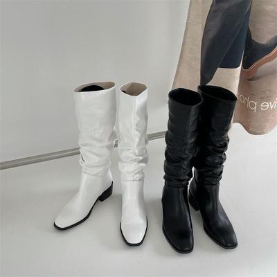 Осень-зима 2025 западные сапоги рыцарские сапоги женские в зарубежном стиле высокие голенища плиссированные сапоги до колена толстый каблук ретро квадратный носок сапоги-чулки