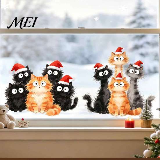 Indoor Outdoor Holiday Decor Christmas Window Cling, Cartoon Cats Sticker with Santa Hat, Removable Durable Sunproof Glass Stickers PVC Static