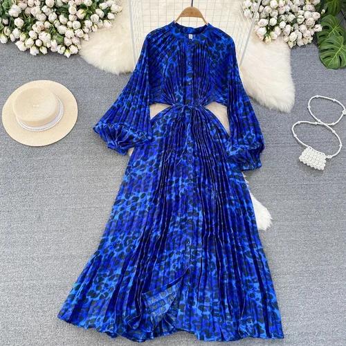 Платья Temperament Lantern Длинные рукава Круглый вырез Тонкий однобортный принтованное платье Элегантные винтажные шикарные женские платья