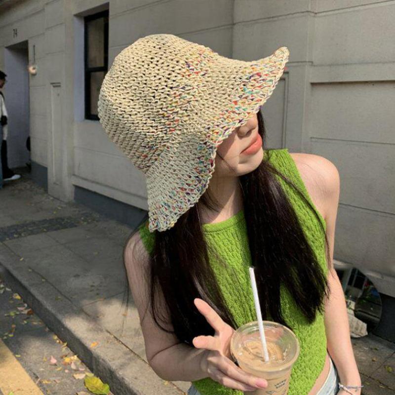 Women Summer Handwoven Rainbow Straw Hat Korean Fashion Wide Brim Breathable Cap for Beach Travel Sun Coverage