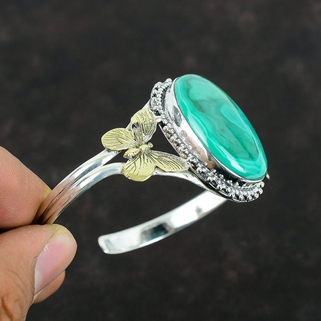 Malachite Bangle 925 Sterling Silver Cuff Bracelet 18K Gold Plated Bangle Butterfly Jewelry Gemstone Adjustable Cuff Bracelet Gifts For Wife
