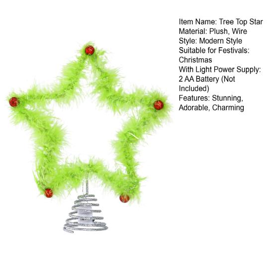 Furry Green Elf Tree Top Star 3D Plush Faux Fur Star Christmas Treetop Ornament with Red Balls for Xmas Tree Holiday Home Party Decor