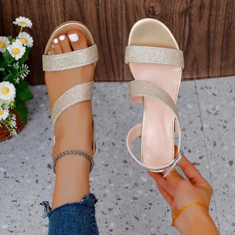 Shoes for Women 2024 Brand Summer Women's Sandals One-word Buckle Solid Open Toe High Heels Daily Work Dress Sandals Women
