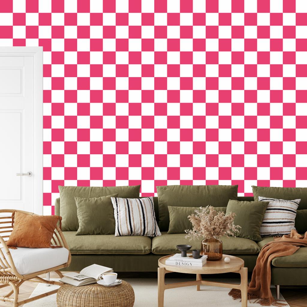 Checkerboard wallpaper white, pink and powder pink 50x1000