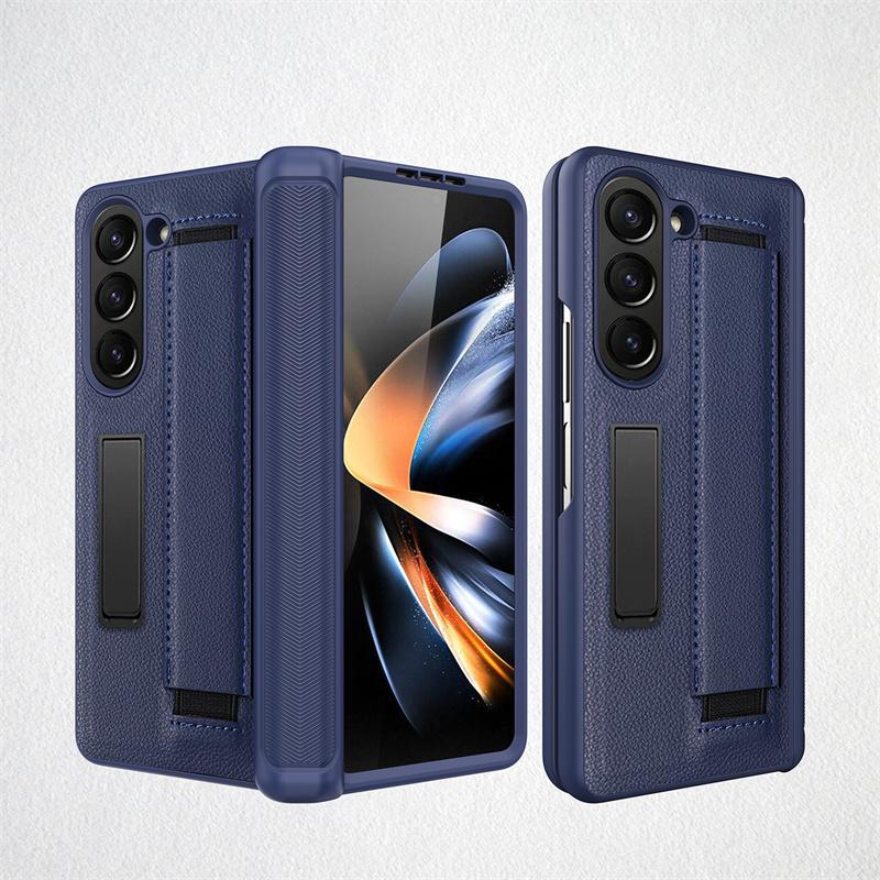 For Samsung Galaxy Z Fold 7 6 5 4 Case Wrist Strap Bracket Leather Strap Hinge With Tempered Film Folding Shockproof Cover