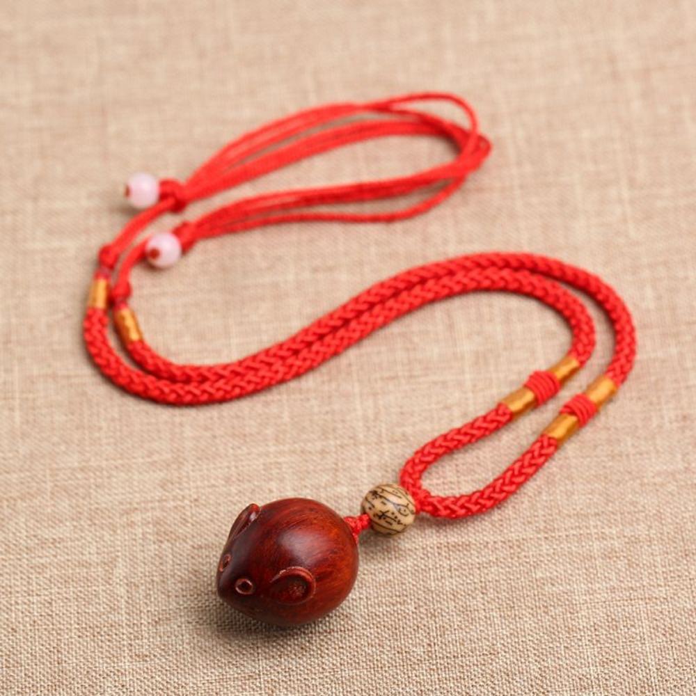 Solid Wood Carved Rat Pendant Keychain Chinese Zodiac Mouse Wooden Hanging Ornament Bag Phone Charm Hand Carved Craft Gift