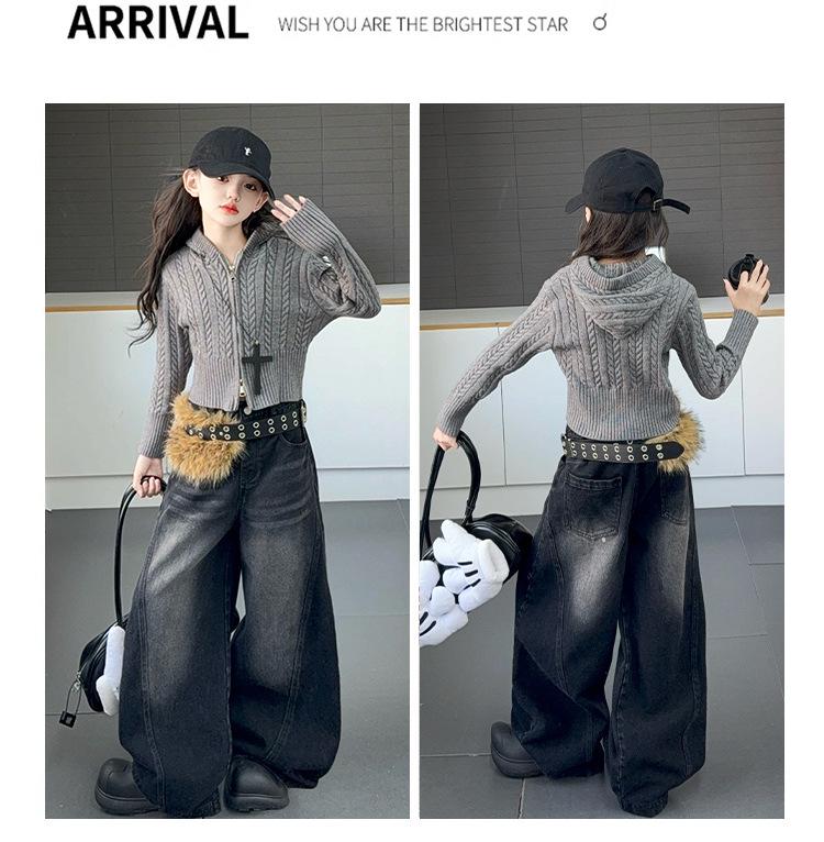 Комплект для девочек «Осень 2025», кардиган с капюшоном и джинсы в корейском стиле