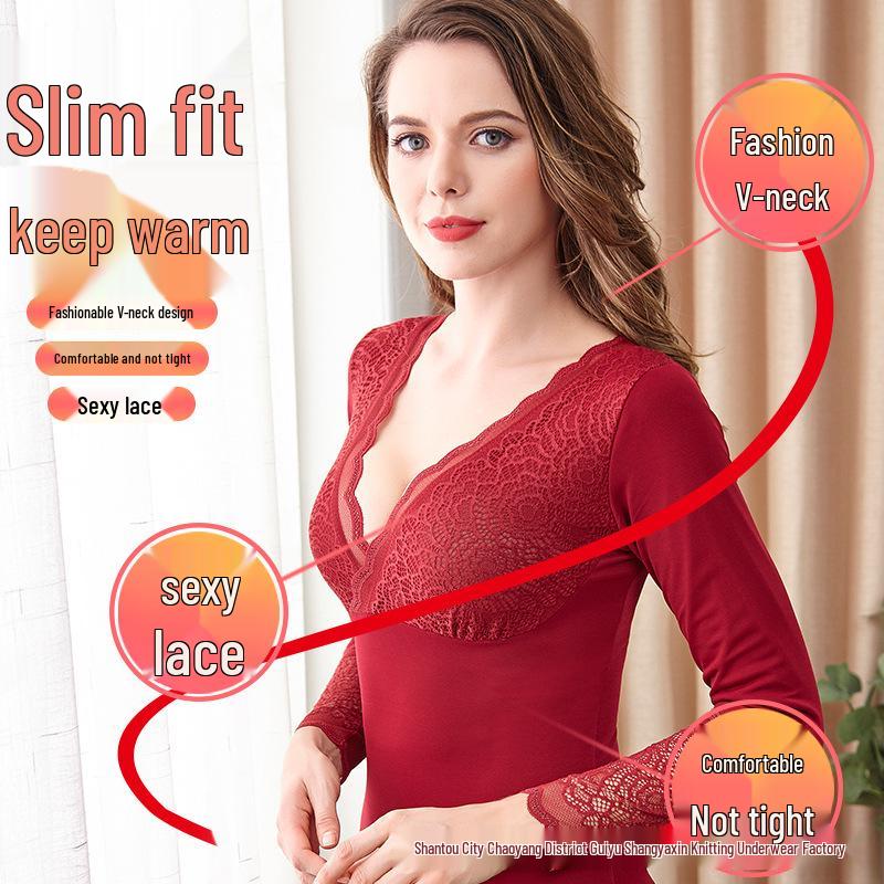 Топ в корейском стиле облегающего кроя с V-образным вырезом, на флисовой подкладке, тепловой, кружевной для женщин