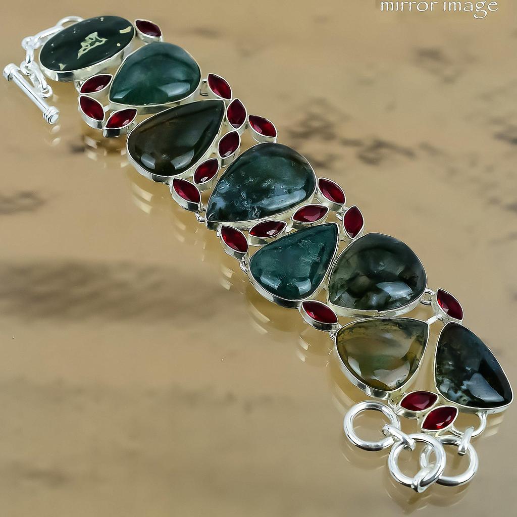 Natural Solar Moss Agate Gemstone 925 Silver Chain Adjustable Bracelet For Girls