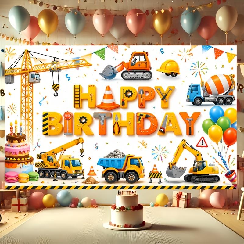 Construction-Themed Happy Birthday Banner with Excavator, Dump and Cement Mixer Balloons, Party Backdrop for Birthdays, Graduations, Photo