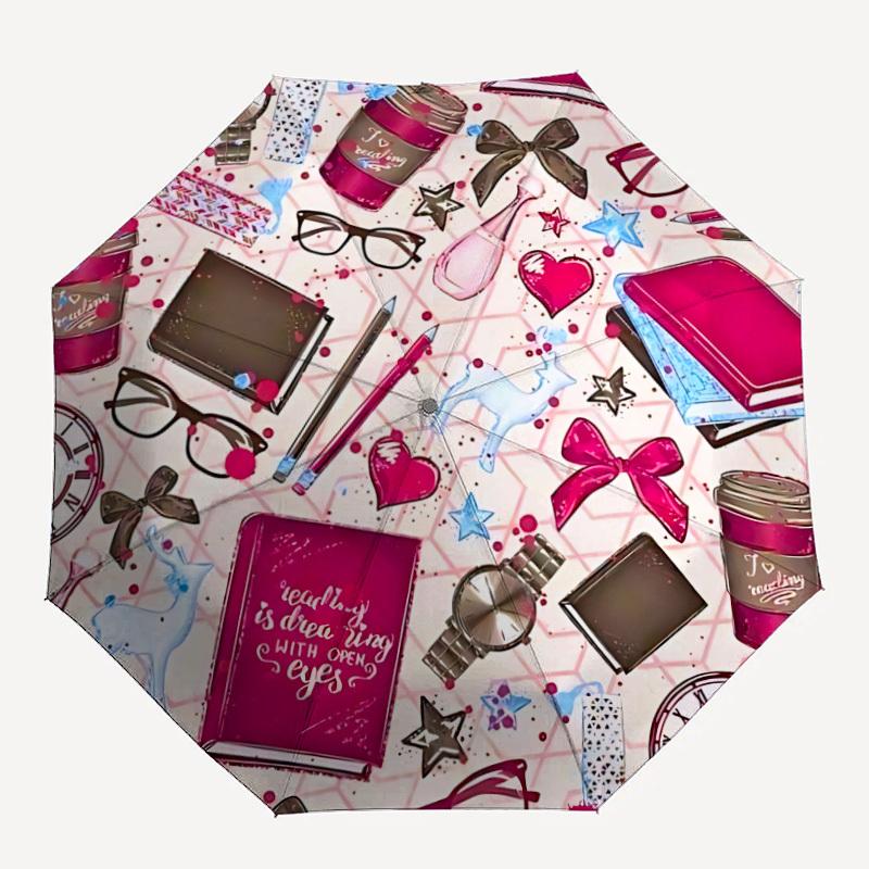 1pc Book Print Automatic Opening/Closing Umbrella with Operation & Windproof Canopy yy260311021