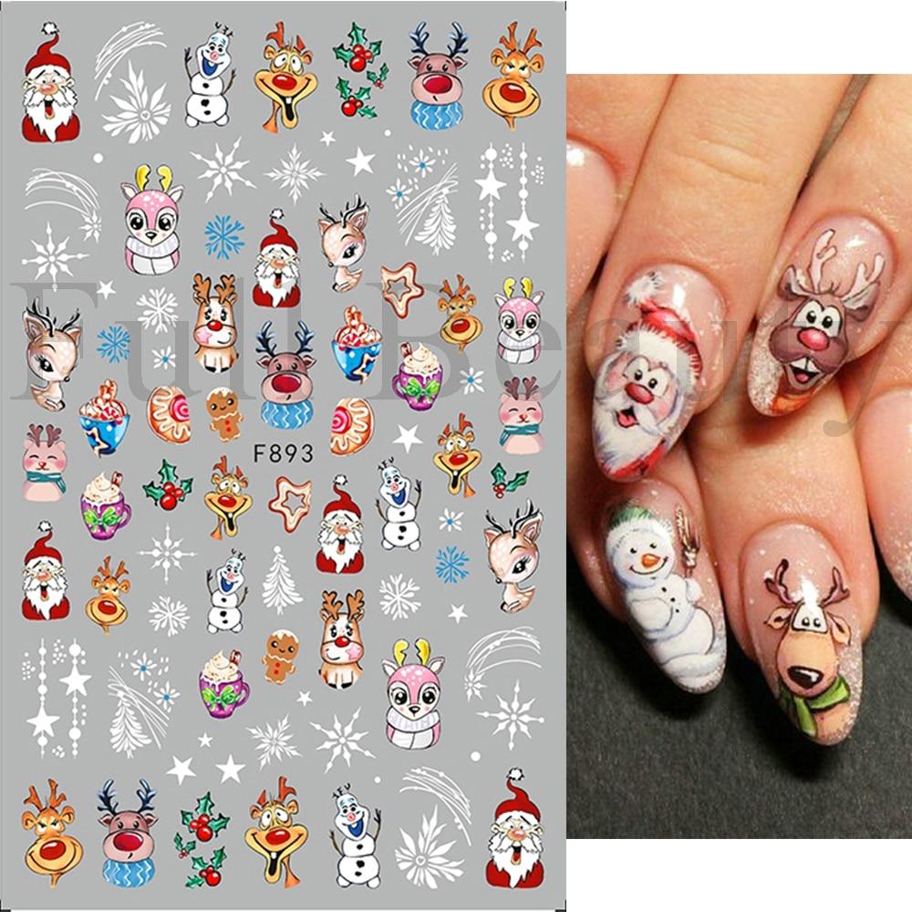 Рождественские наклейки для ногтей Пингвин Санта-Клаус Лось Дерево Олени Медведи Мультяшные ползунки Белые снежинки Наклейки Украшения для дизайна ногтей