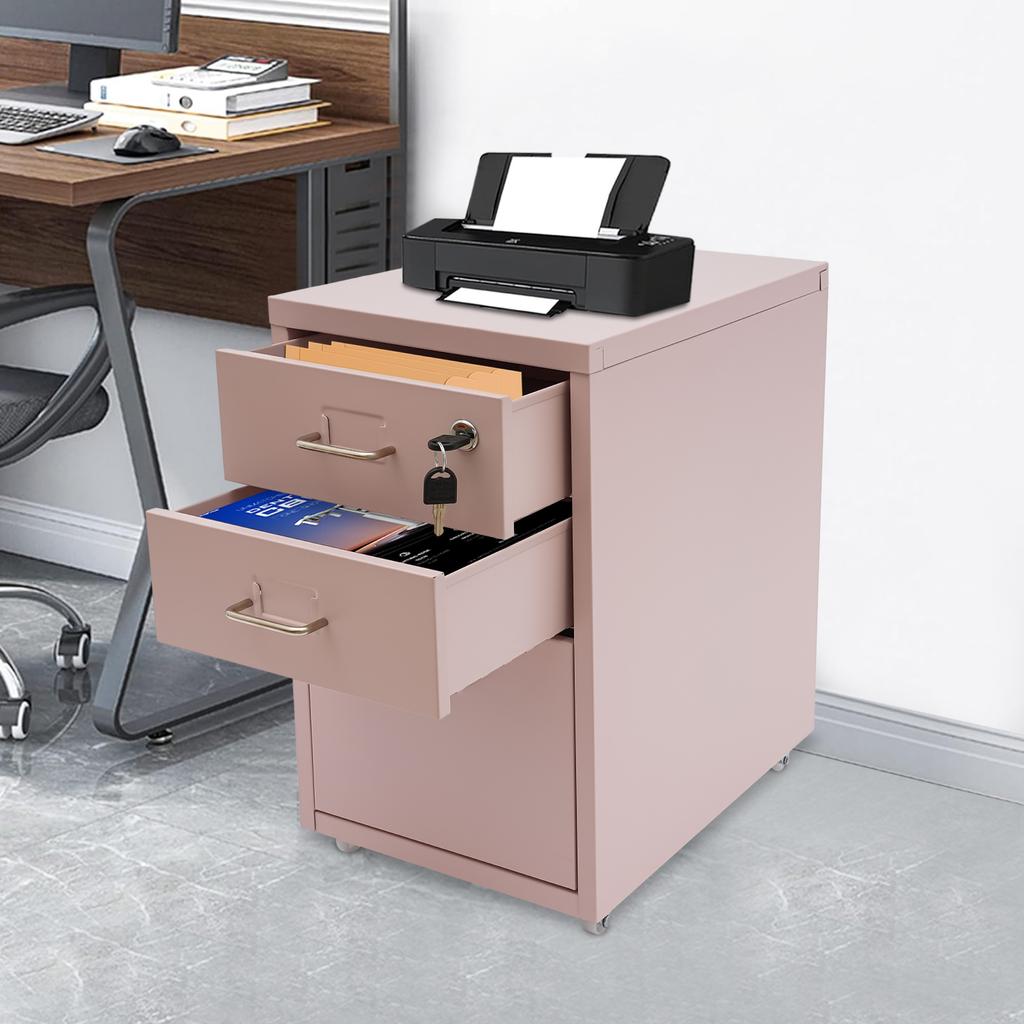 Pink 3-Tier Metal File Cabinet with Wheels - Rolling Storage Cabinet for Office & Home - Locking File Organizer with 3 Drawers