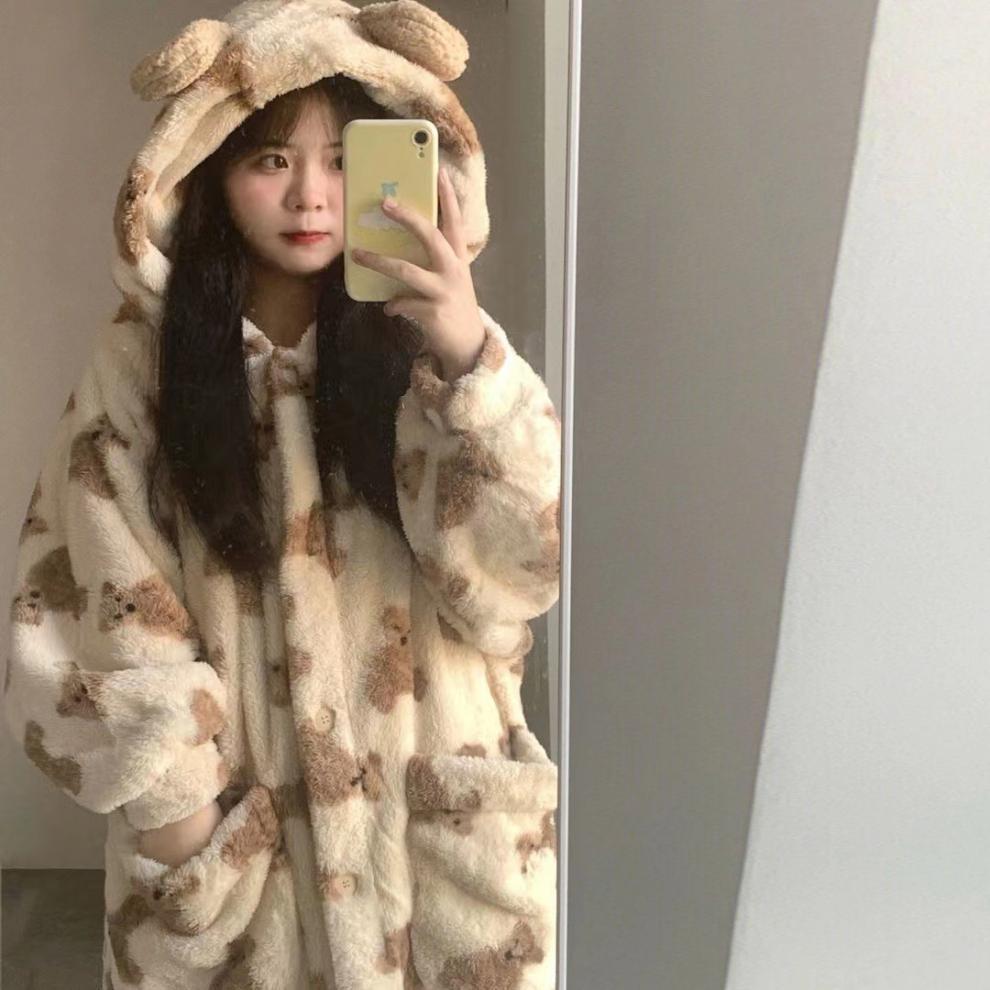 Популярная зимняя ночная рубашка с рисунком медведя - теплая, милая, утолщенная пижама из кораллового флиса