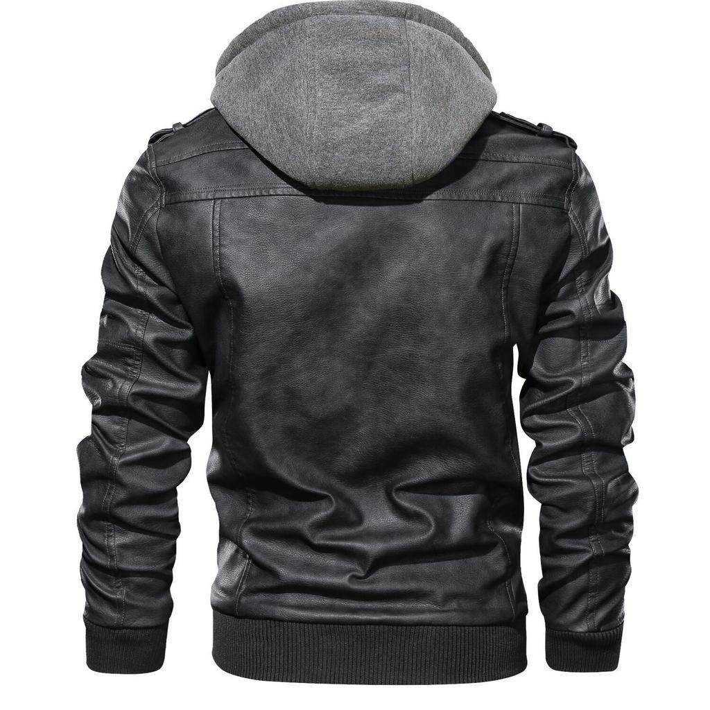 Men's Fall/Winter Double-Decker Trend Locomotive Casual Leather Jacket Hooded Coat Large Size