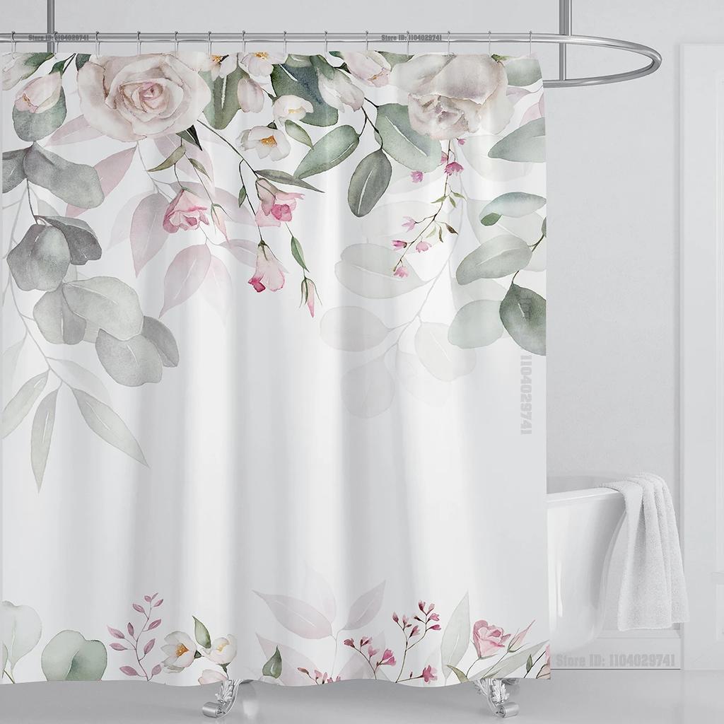 Watercolor Leaves On The Top Plant With Floral Bathroom Greenery Leaf Decoration Watercolor Botanical Shower Curtain With Hooks