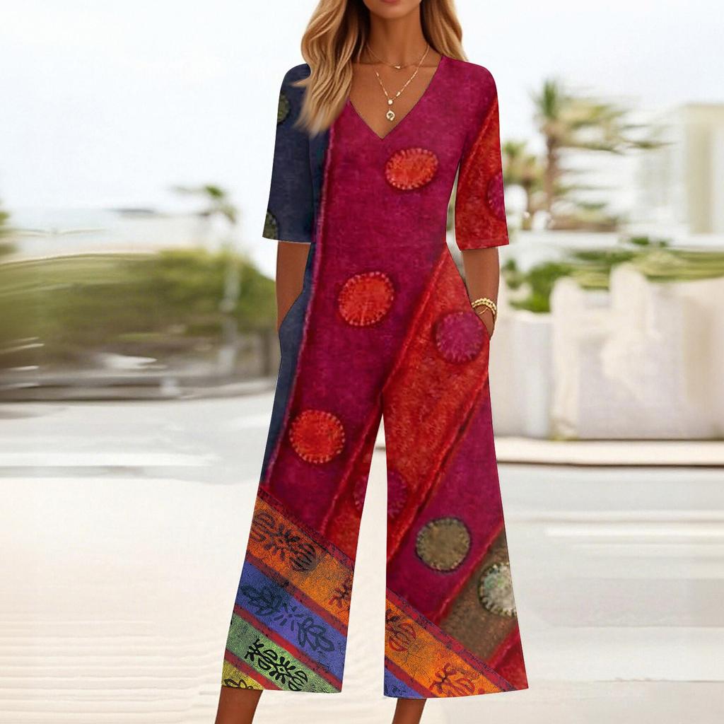 Женский свободный повседневный комбинезон с V-образным вырезом и принтом, облегающий комбинезон с широкими штанинами, комбинезон с широкими штанинами