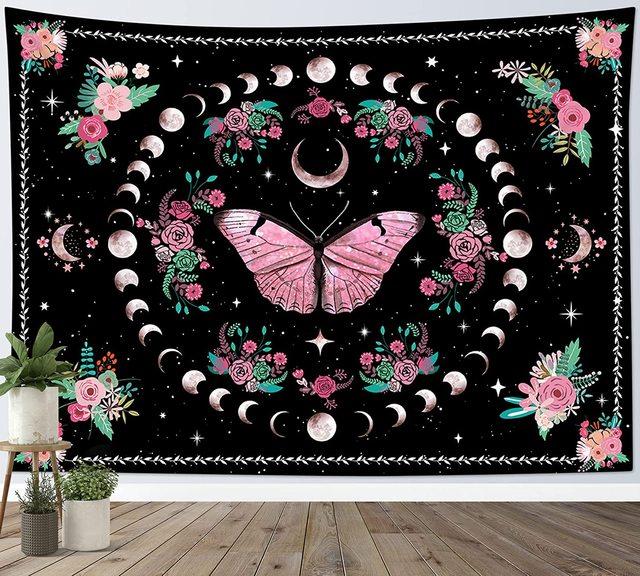 Moon Phase Tapestry Wall Hanging Butterfly Flower Boho Floral Plant Botanical Tapestries Window Vintage Carpets For Living Room