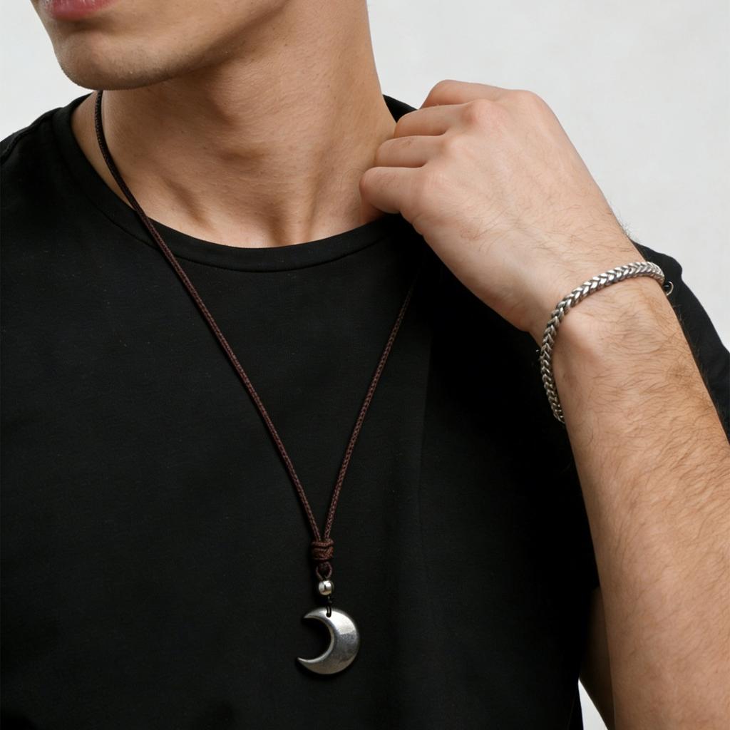 Natural Moon Ring Pendant Silver Black Hematite Bamboo Sporty Long Distance Relationship Couple Necklace Natural Stone Original