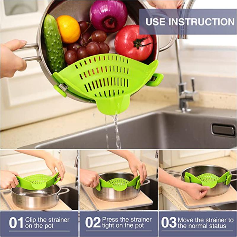 Silicone Kitchen Strainer Clip Pan Drain Rack Bowl Funnel Rice Pasta Vegetable Washing Colander Draining Excess Liquid Univers