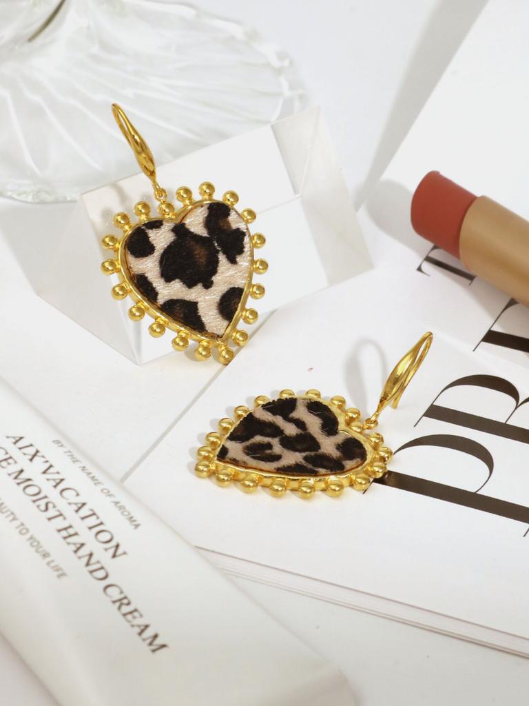 Нержавеющая сталь 18К позолота Любовь Конский волос Леопардовый принт Подвеска Серьги-пусеты Металлический стиль Серьги Элегантный циркон Подарки