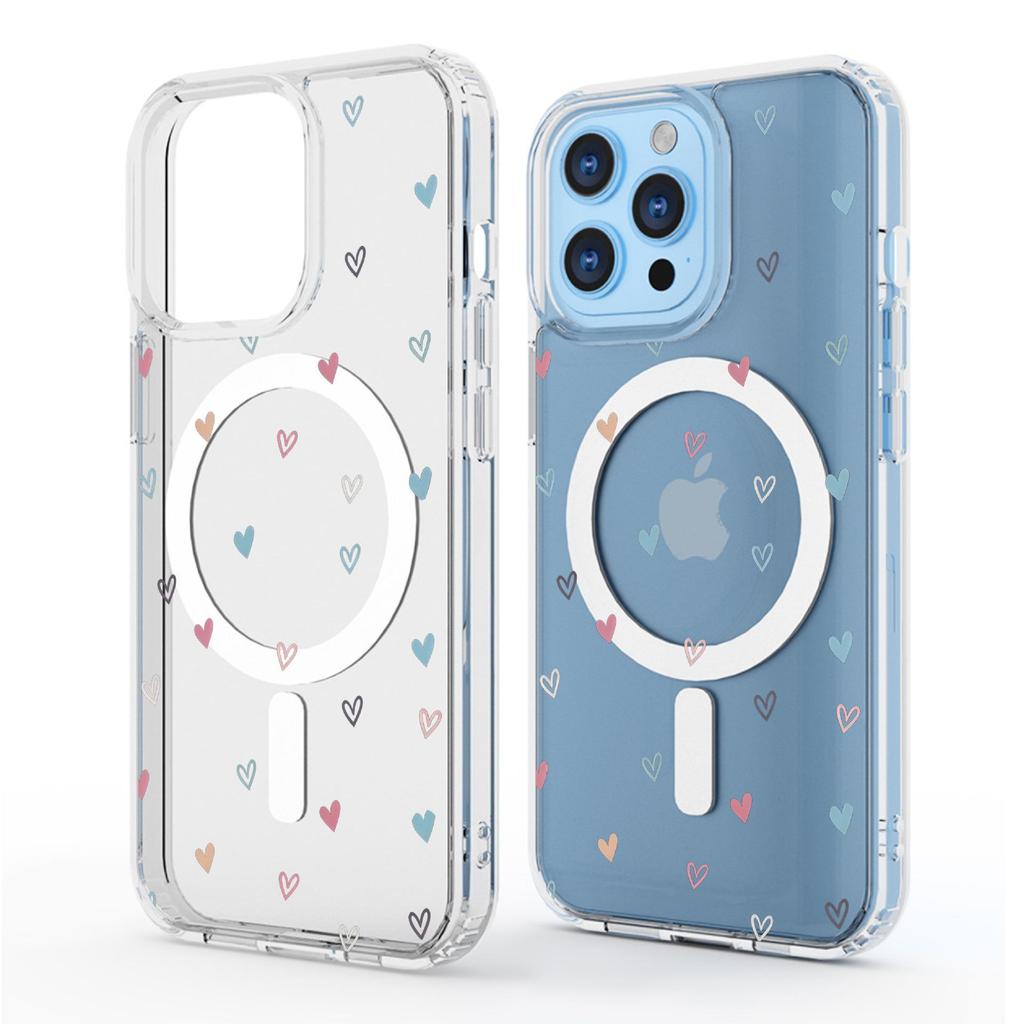 Красочный прозрачный чехол с магнитами в форме сердца для iPhone 14/15/16/17 Pro Max