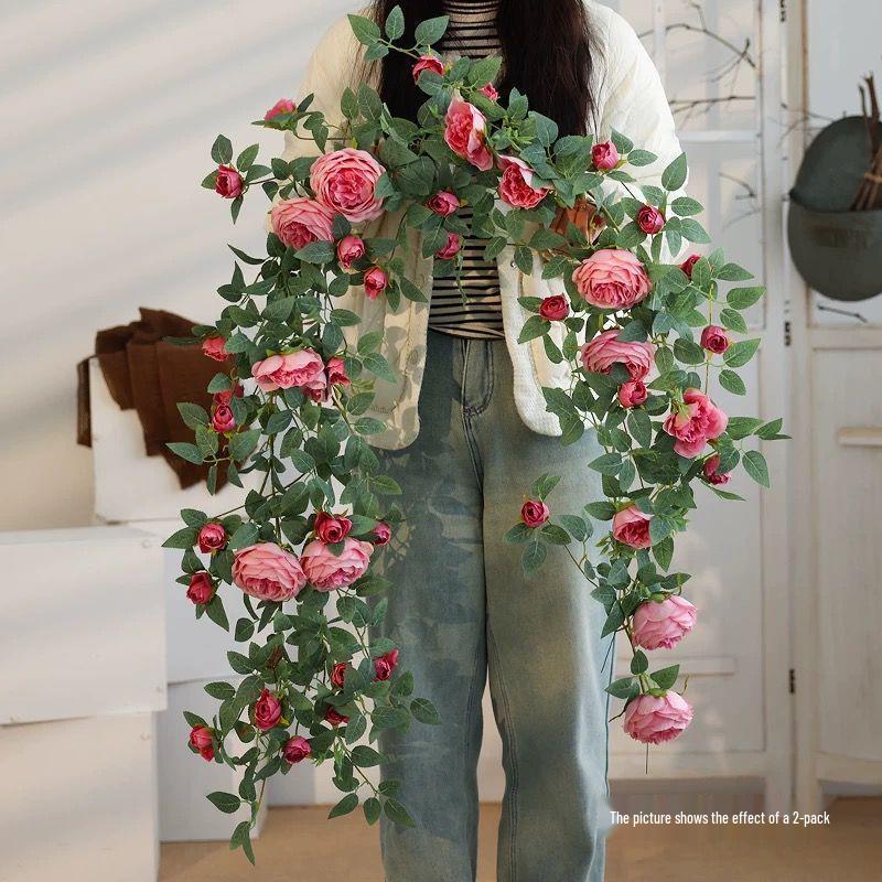 Artificial Rose Flower Vine Wall Decor for Air Conditioning Pipe and Storefronts
